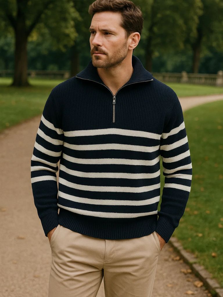 Liam Men’s Half Zip Sweater – Striped Knit Pullover
