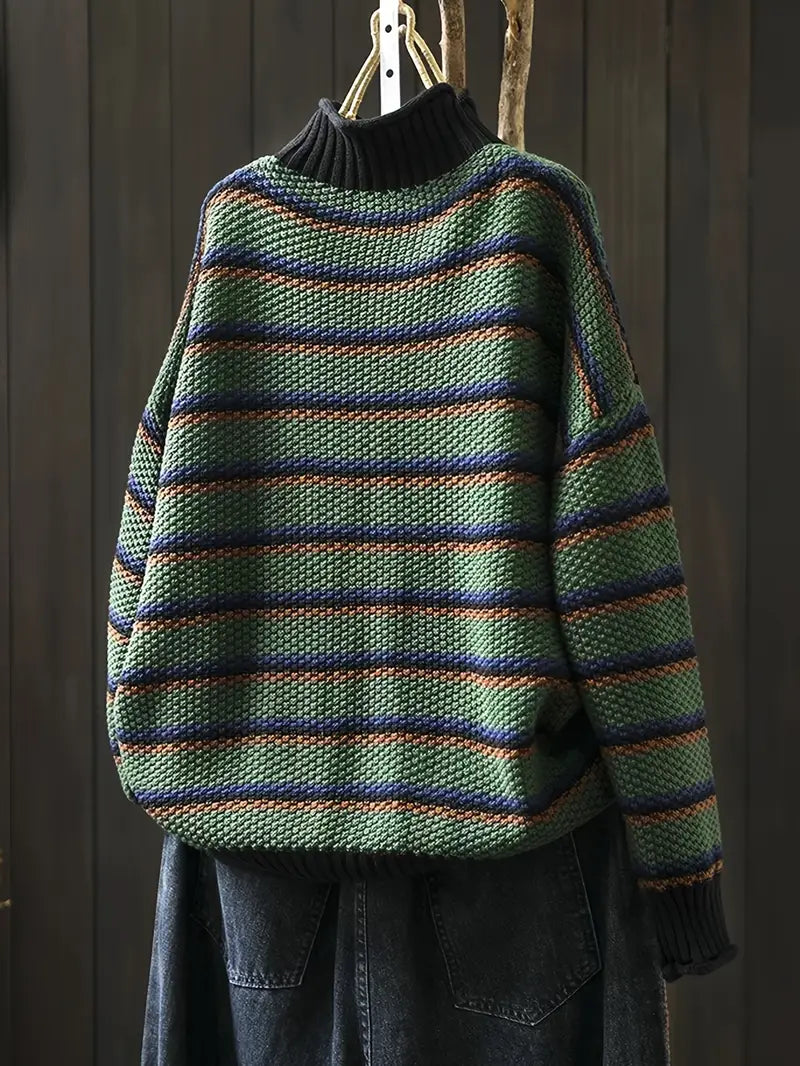 Erica Women's Cotton Sweater – -Waffle-Knit Oversized Stripe Pullover