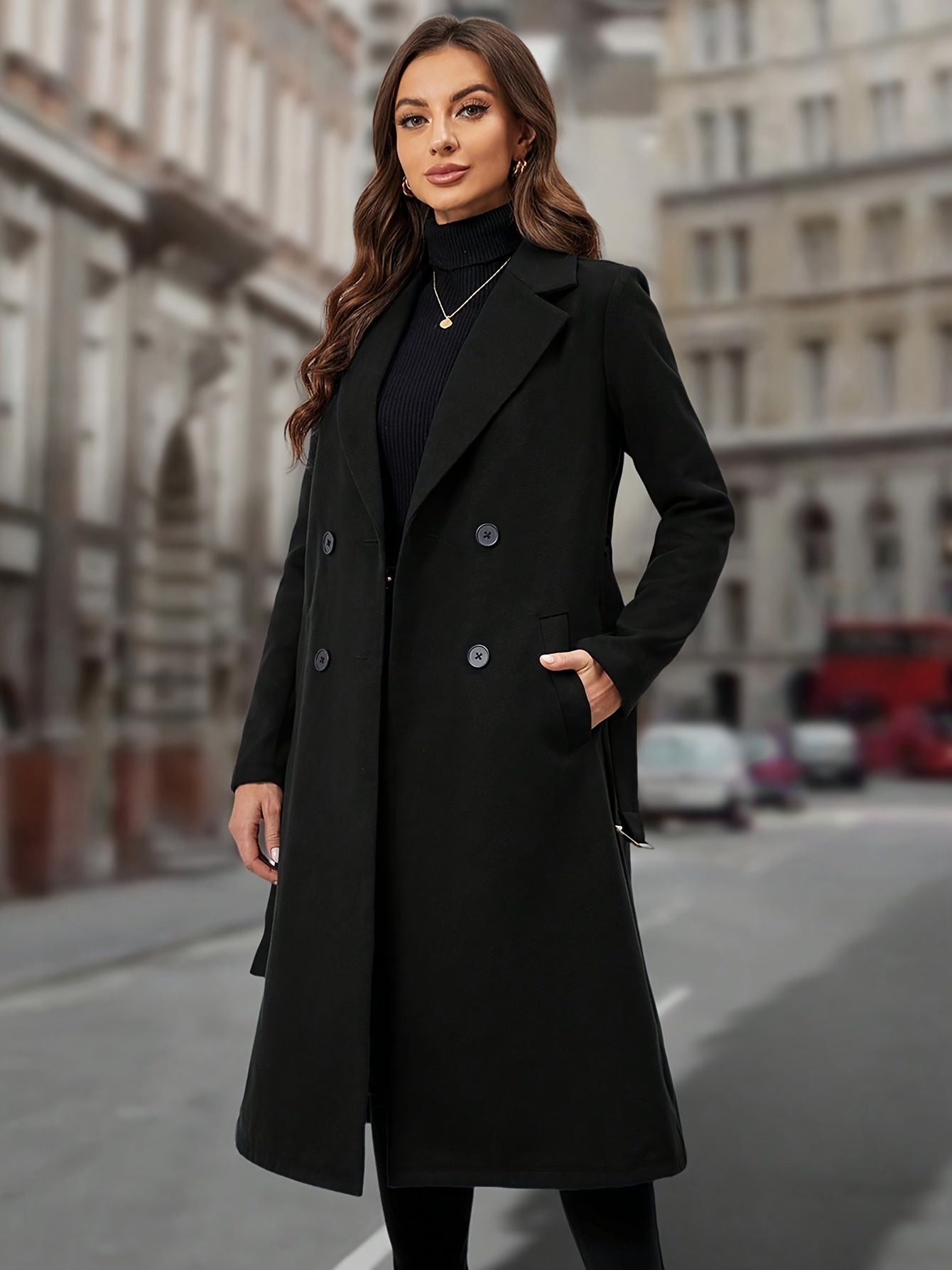 Romina Women’s Long Coat – Double-Breasted with Belted Waist Winter Coat