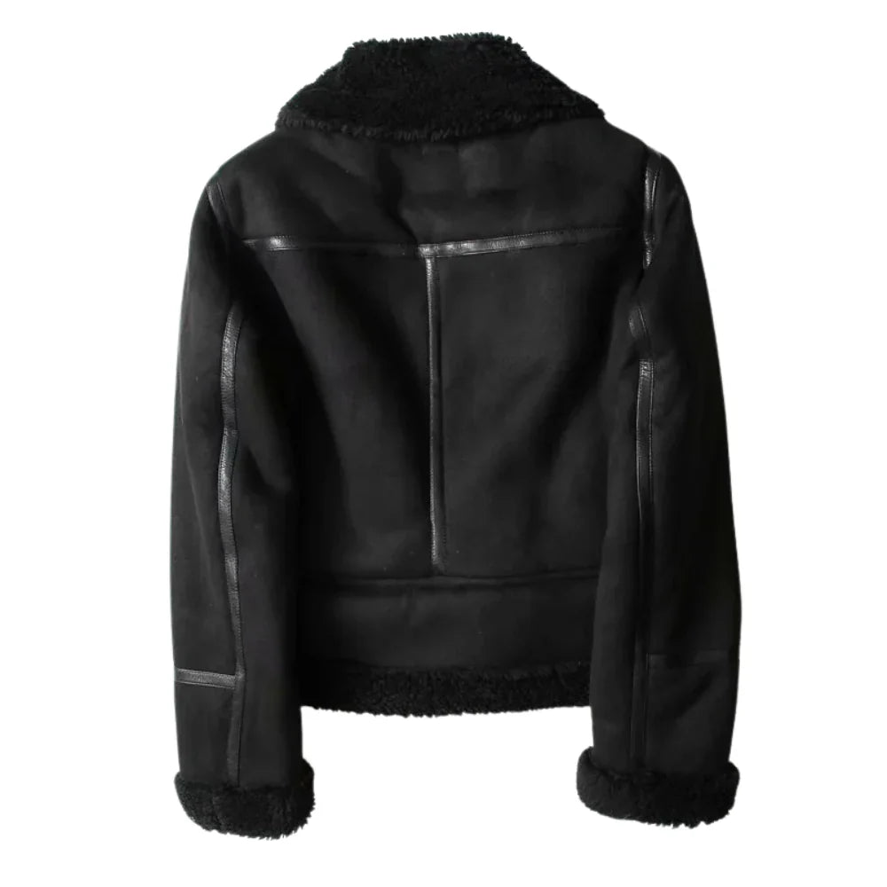 Corene Women’s Suede Jacket – Belted Waist Aviator Shearling Jacket