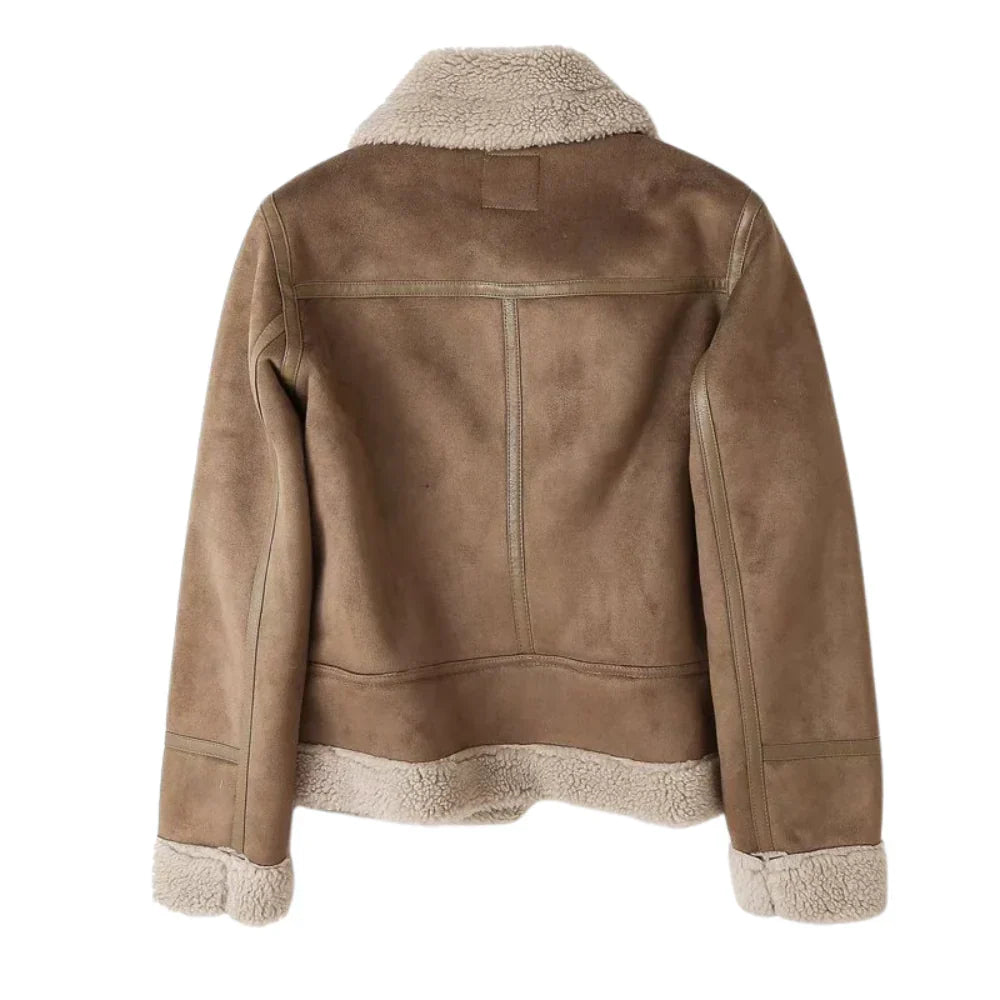Corene Women’s Suede Jacket – Belted Waist Aviator Shearling Jacket