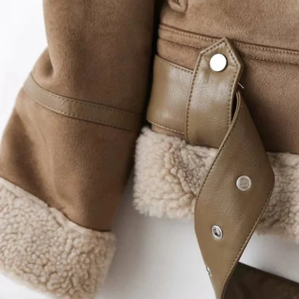 Corene Women’s Suede Jacket – Belted Waist Aviator Shearling Jacket