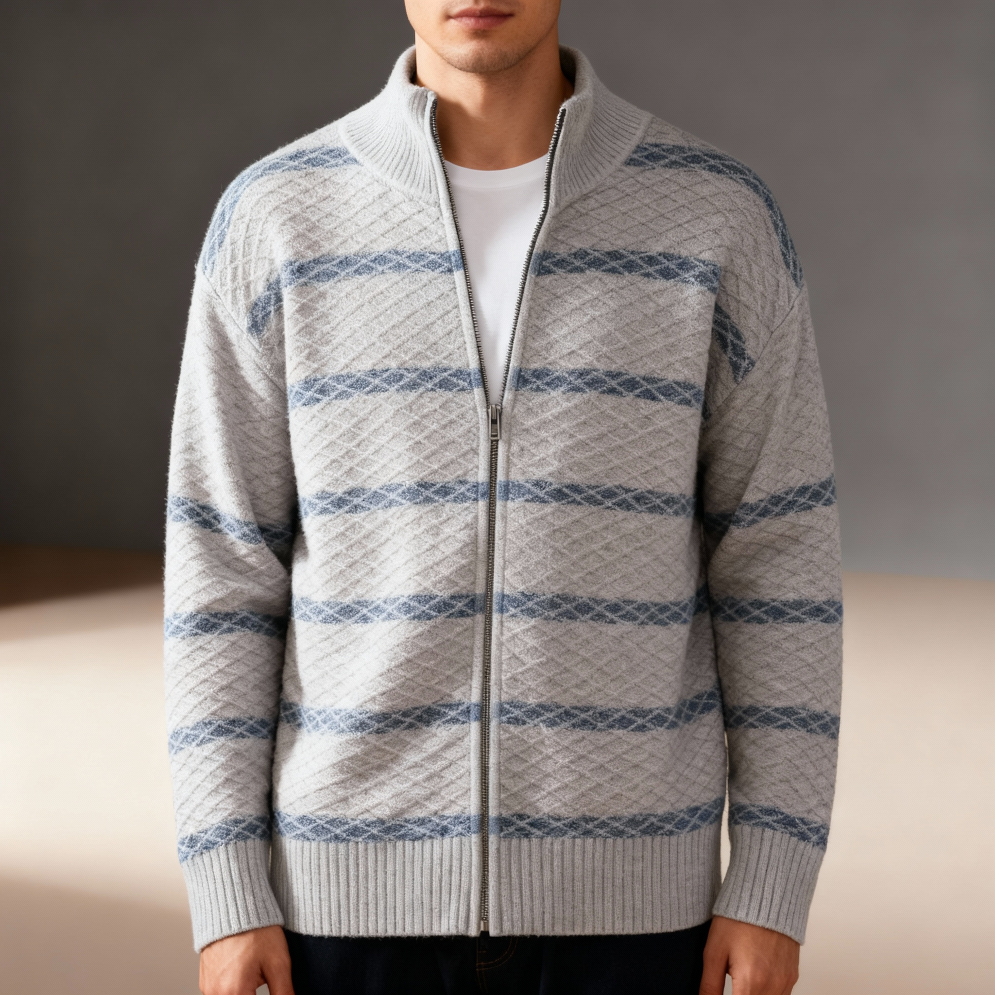 Emmett Men’s Zip-Up Knit Cardigan – Textured Knit Sweater