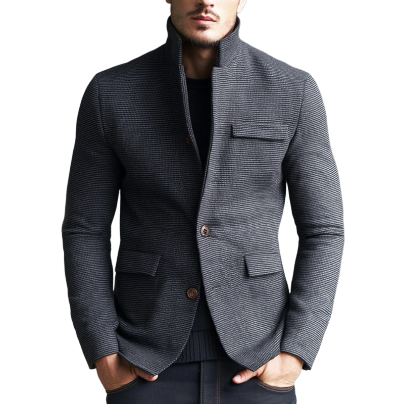 Elias Men’s Blazer Jacket – Textured Button-Up Stand Collar Jacket