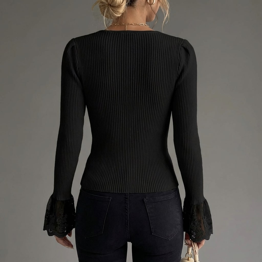 Vicky Women’s Sweater – V-Neck Lace Sleeve Detail Pullover