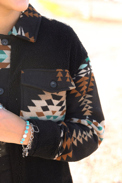 Black Fleece Shacket with Aztec Print - Trendy and Comfortable