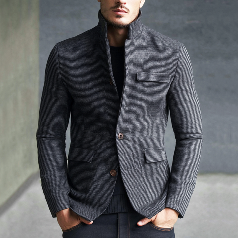 Elias Men’s Blazer Jacket – Textured Button-Up Stand Collar Jacket