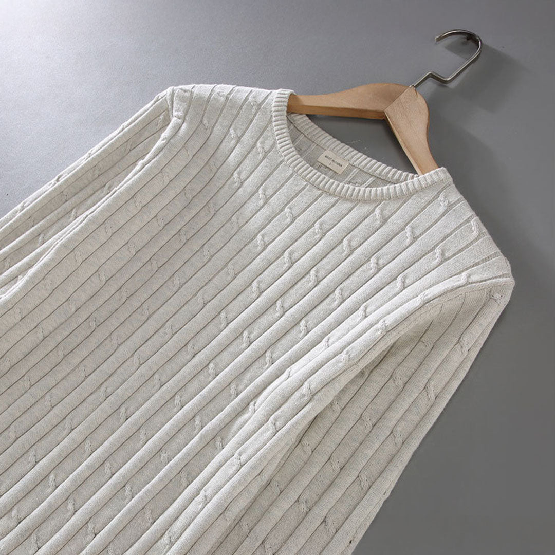 Leon Men’s Cable Knit Sweater – Mercerised Cotton with Classic Crewneck
