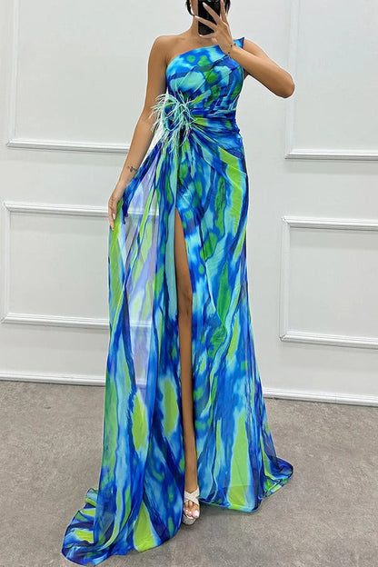 Sierra One-Shoulder Maxi Dress – Bold Print with Side Slit for Summer Events