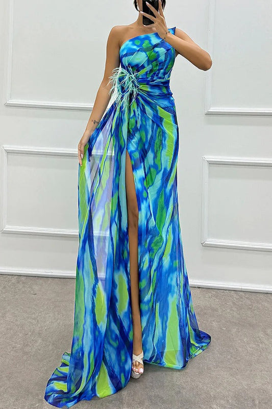 Sierra One-Shoulder Maxi Dress – Bold Print with Side Slit for Summer Events