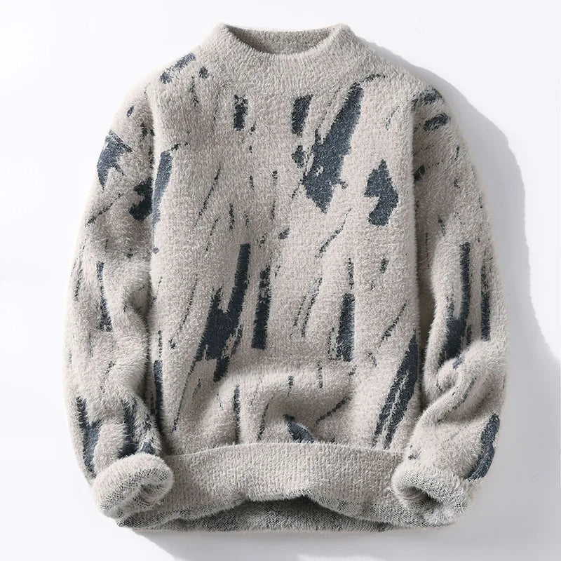 Julius Men’s Pullover Sweater – Fluffy Knit Abstract Pattern Jumper