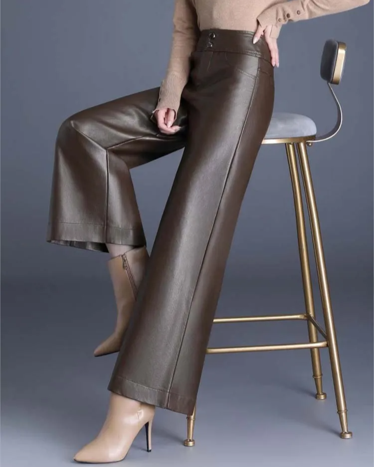 Vicky Women’s Wide Leg Trousers – Premium Vegan Leather with High Waist Fit