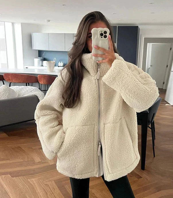 Odette Women’s Wool Jacket – Oversized Lambswool Knit with High Collar
