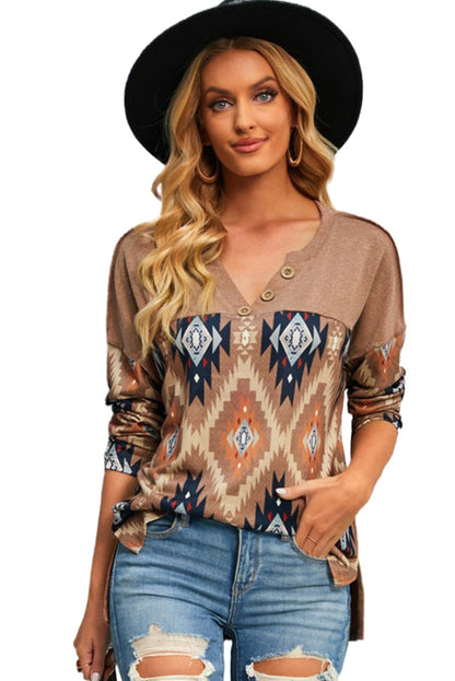 Stylish Brown V-Neck Western Top with Aztec Print