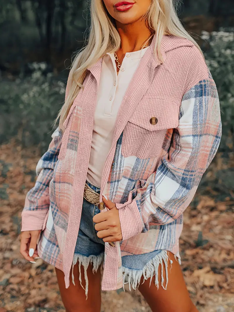Myra Women’s Plaid Shacket – Brushed Fabric with Corduroy Collar