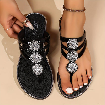 Amelia Women’s Rhinestone Flat Sandals – Silver Toe-Post Design with Cushioned Sole
