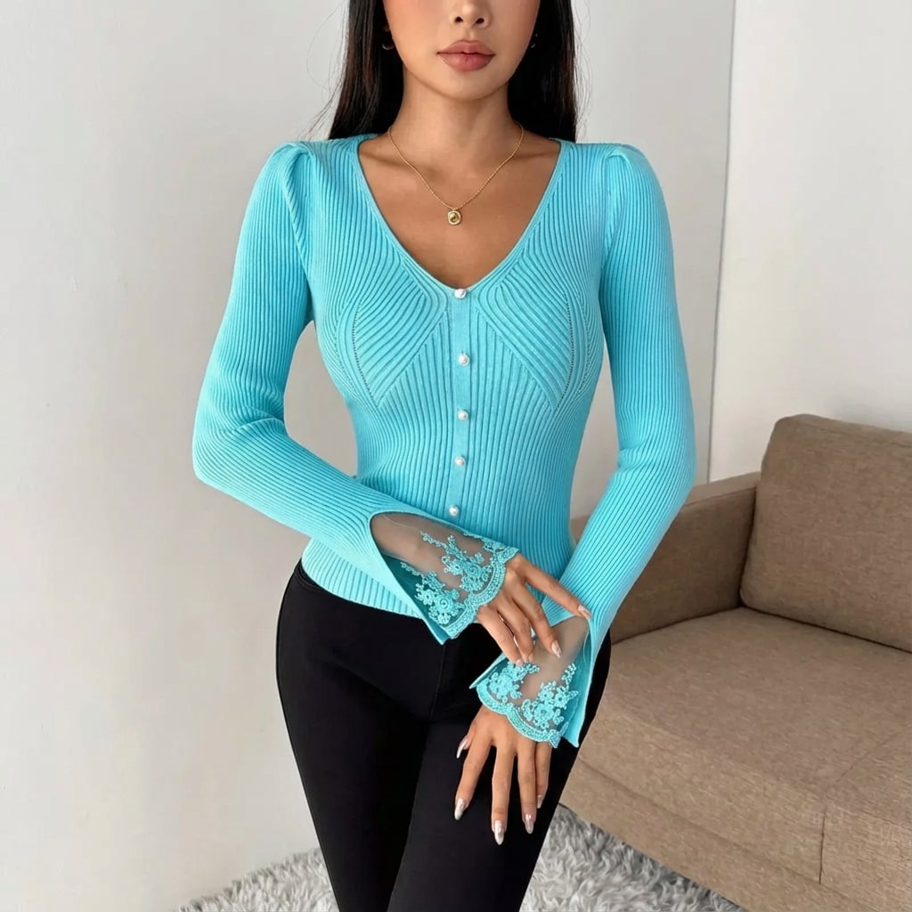 Vicky Women’s Sweater – V-Neck Lace Sleeve Detail Pullover