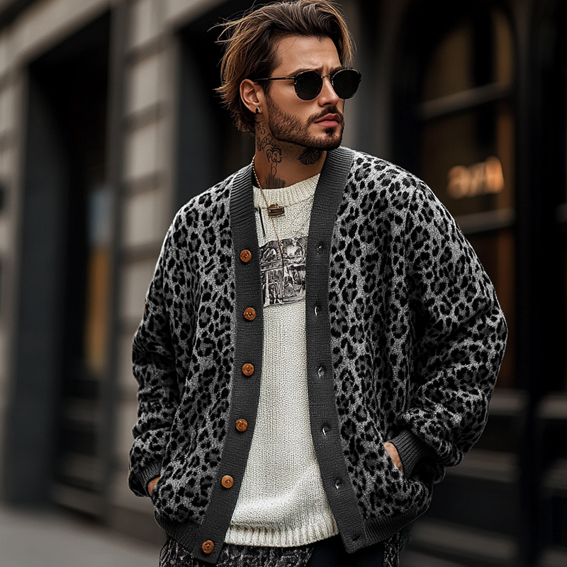 Halden Men’s Cardigan – Jacquard Leopard Relaxed Fit Sweater