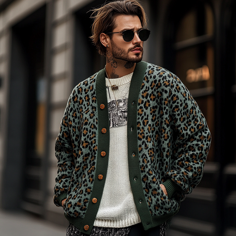 Halden Men’s Cardigan – Jacquard Leopard Relaxed Fit Sweater