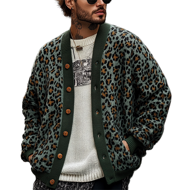 Halden Men’s Cardigan – Jacquard Leopard Relaxed Fit Sweater