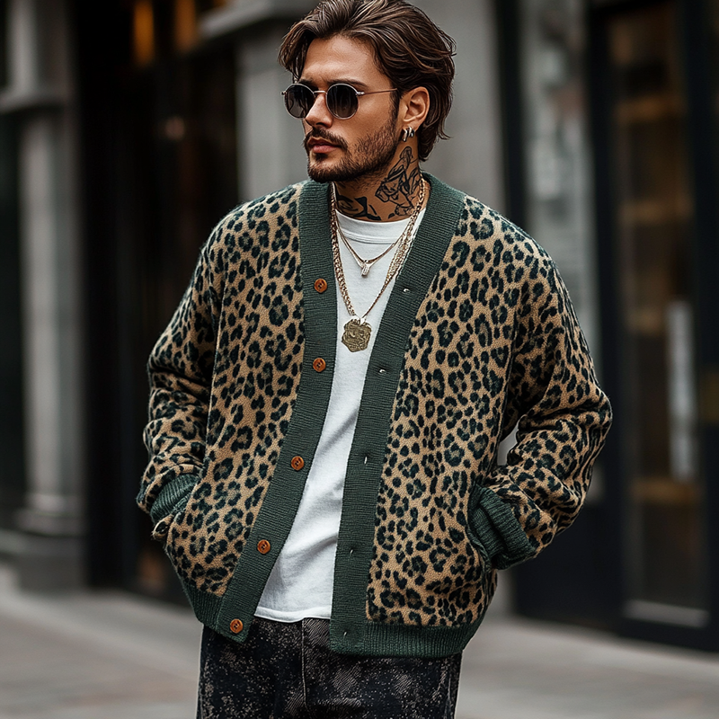 Halden Men’s Cardigan – Jacquard Leopard Relaxed Fit Sweater