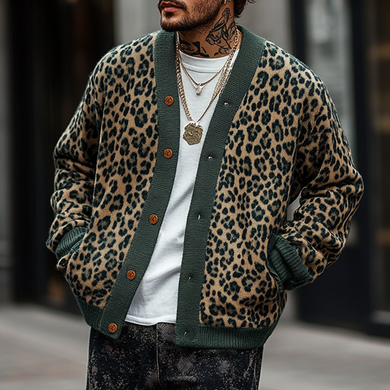 Halden Men’s Cardigan – Jacquard Leopard Relaxed Fit Sweater