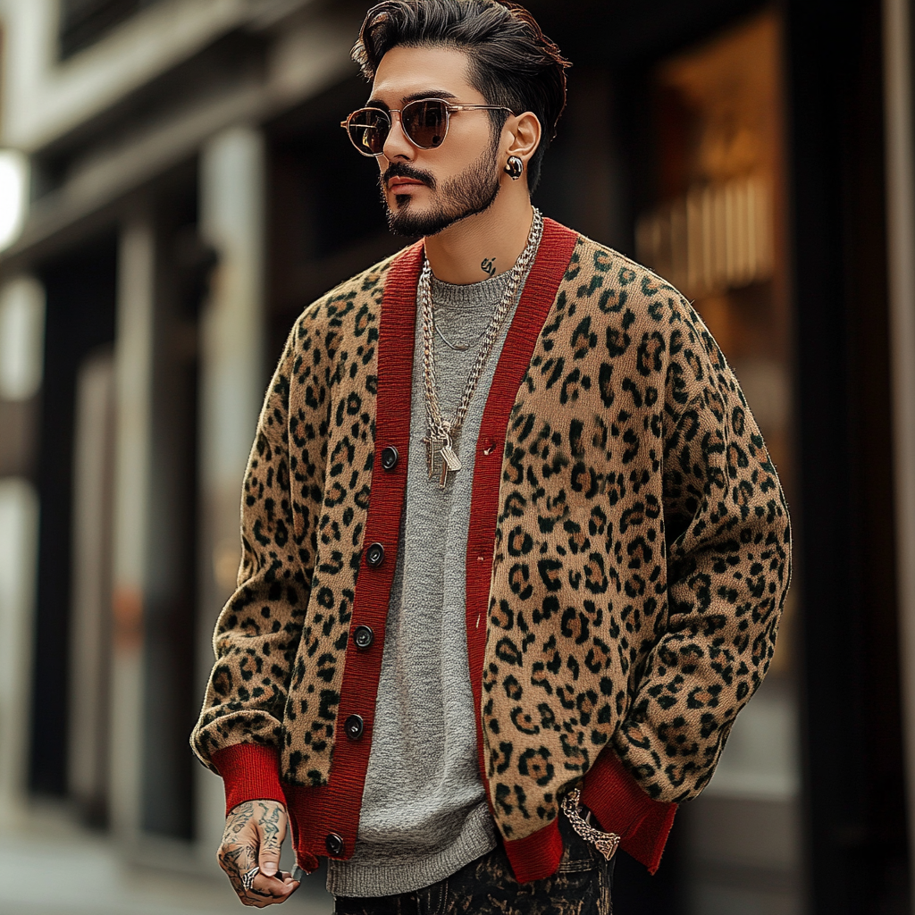 Halden Men’s Cardigan – Jacquard Leopard Relaxed Fit Sweater