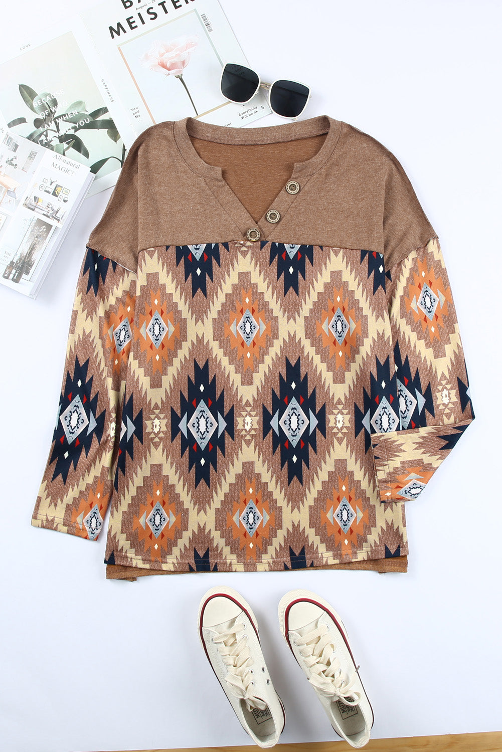 Stylish Brown V-Neck Western Top with Aztec Print