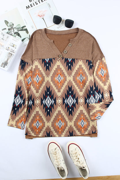Stylish Brown V-Neck Western Top with Aztec Print