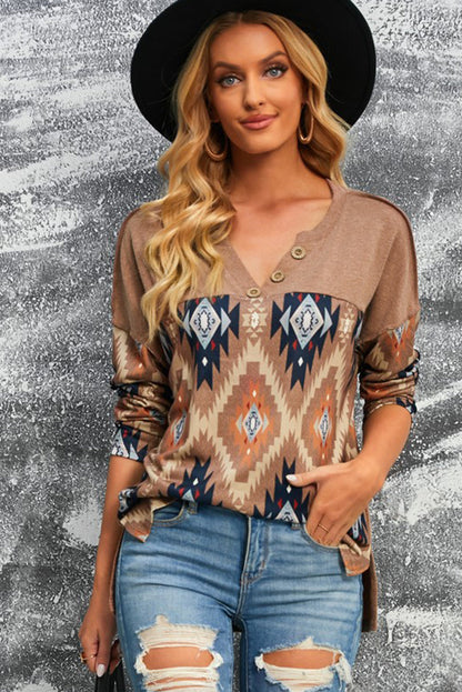 Stylish Brown V-Neck Western Top with Aztec Print