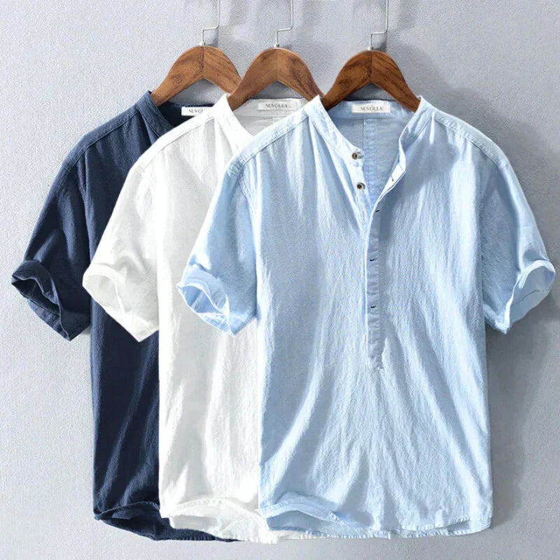 Flavio Linen Cotton Henley Shirt – Mandarin Collar Short-Sleeve Lightweight Top