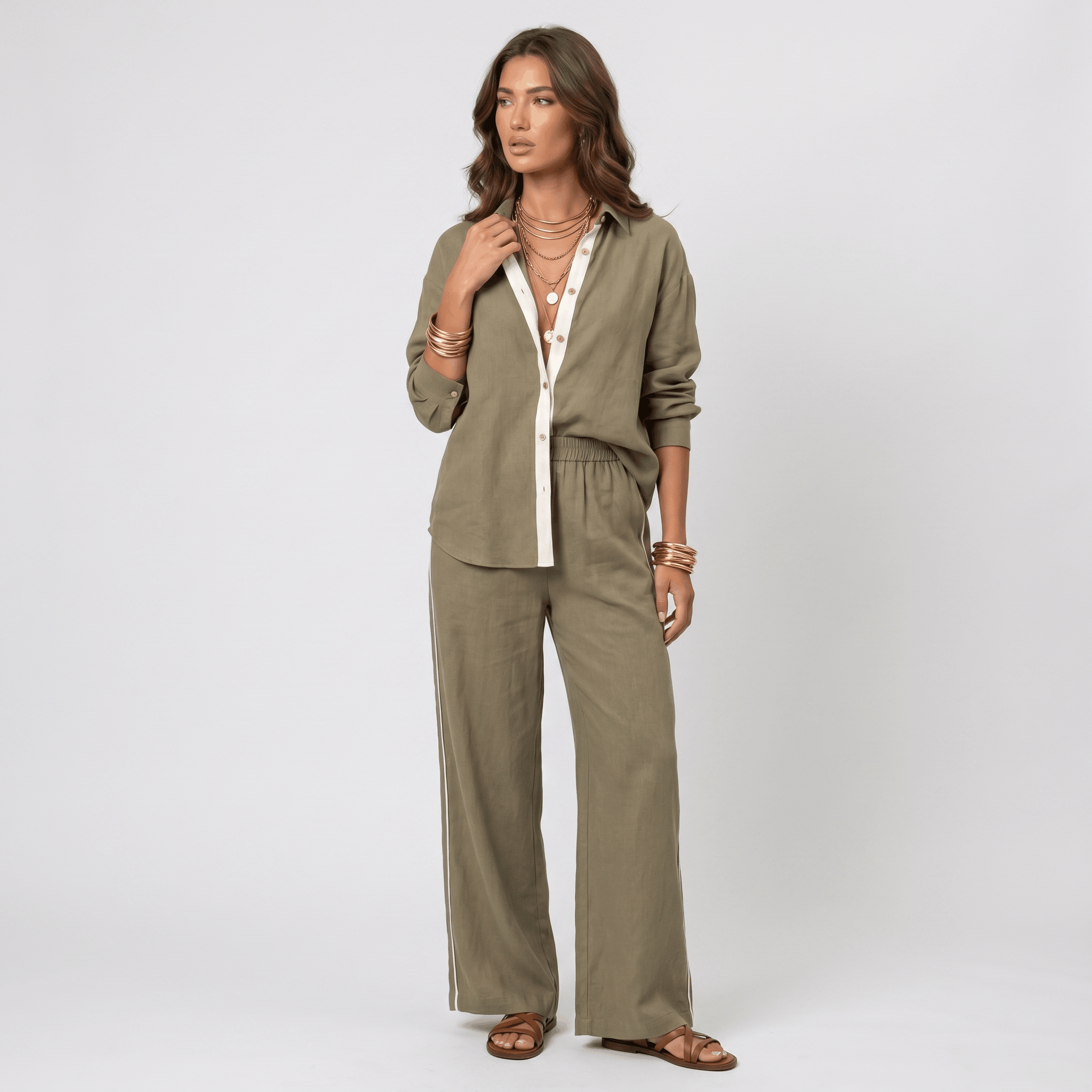 Selene Linen Two-Piece Wide-Leg Set – Single-Breasted Contrast-Trim Elastic-Waist Coordinate