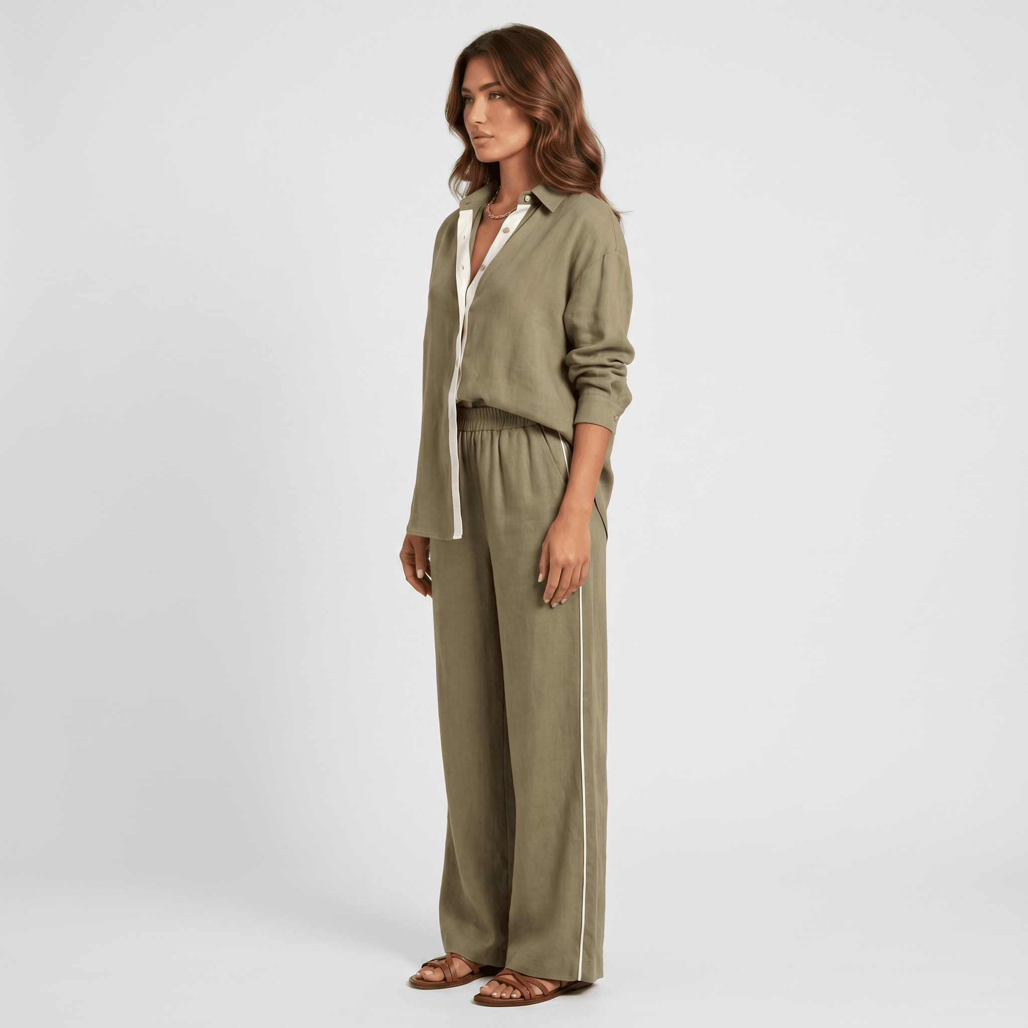 Selene Linen Two-Piece Wide-Leg Set – Single-Breasted Contrast-Trim Elastic-Waist Coordinate