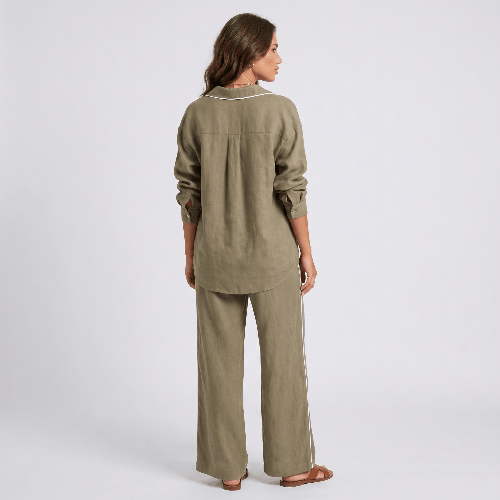 Selene Linen Two-Piece Wide-Leg Set – Single-Breasted Contrast-Trim Elastic-Waist Coordinate