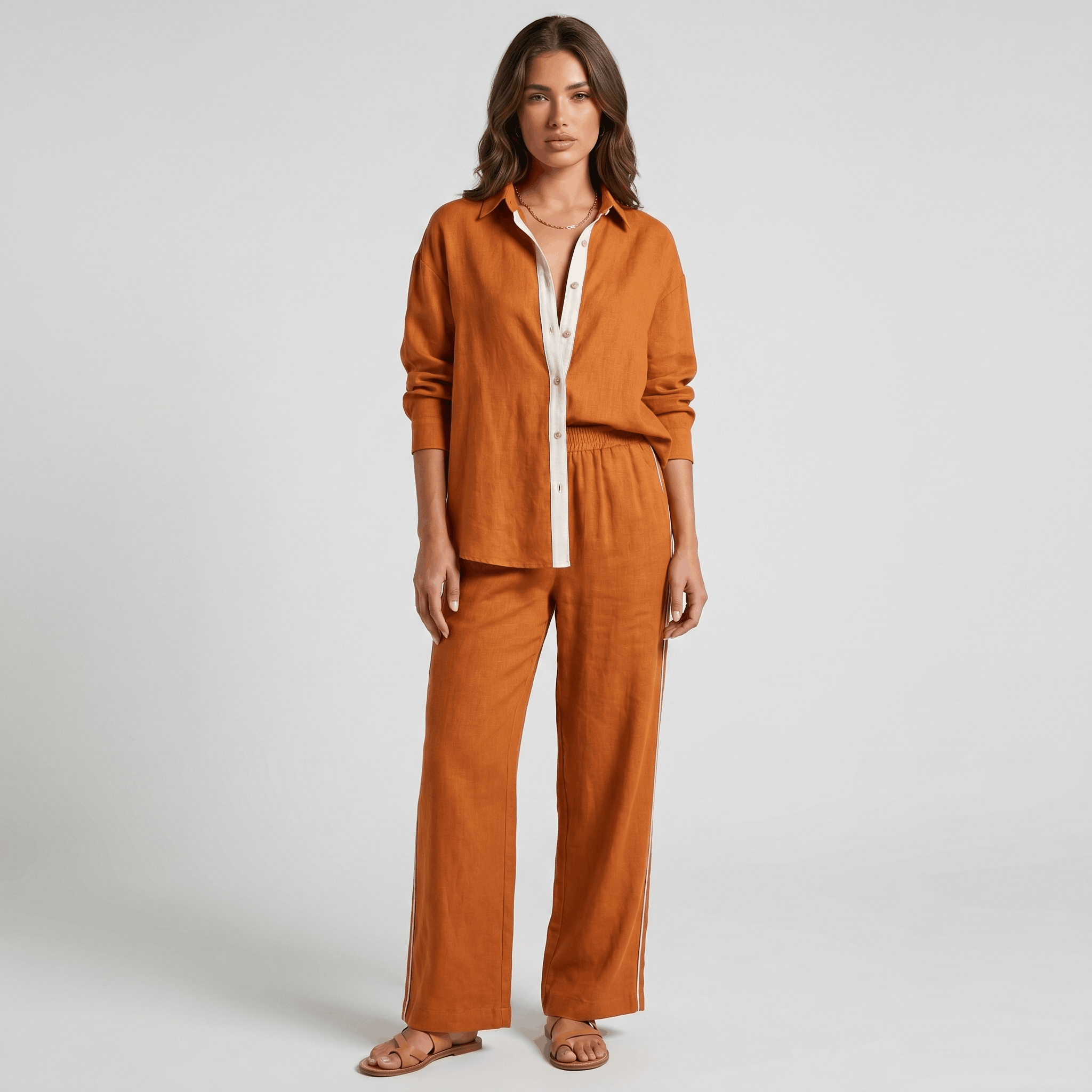 Selene Linen Two-Piece Wide-Leg Set – Single-Breasted Contrast-Trim Elastic-Waist Coordinate