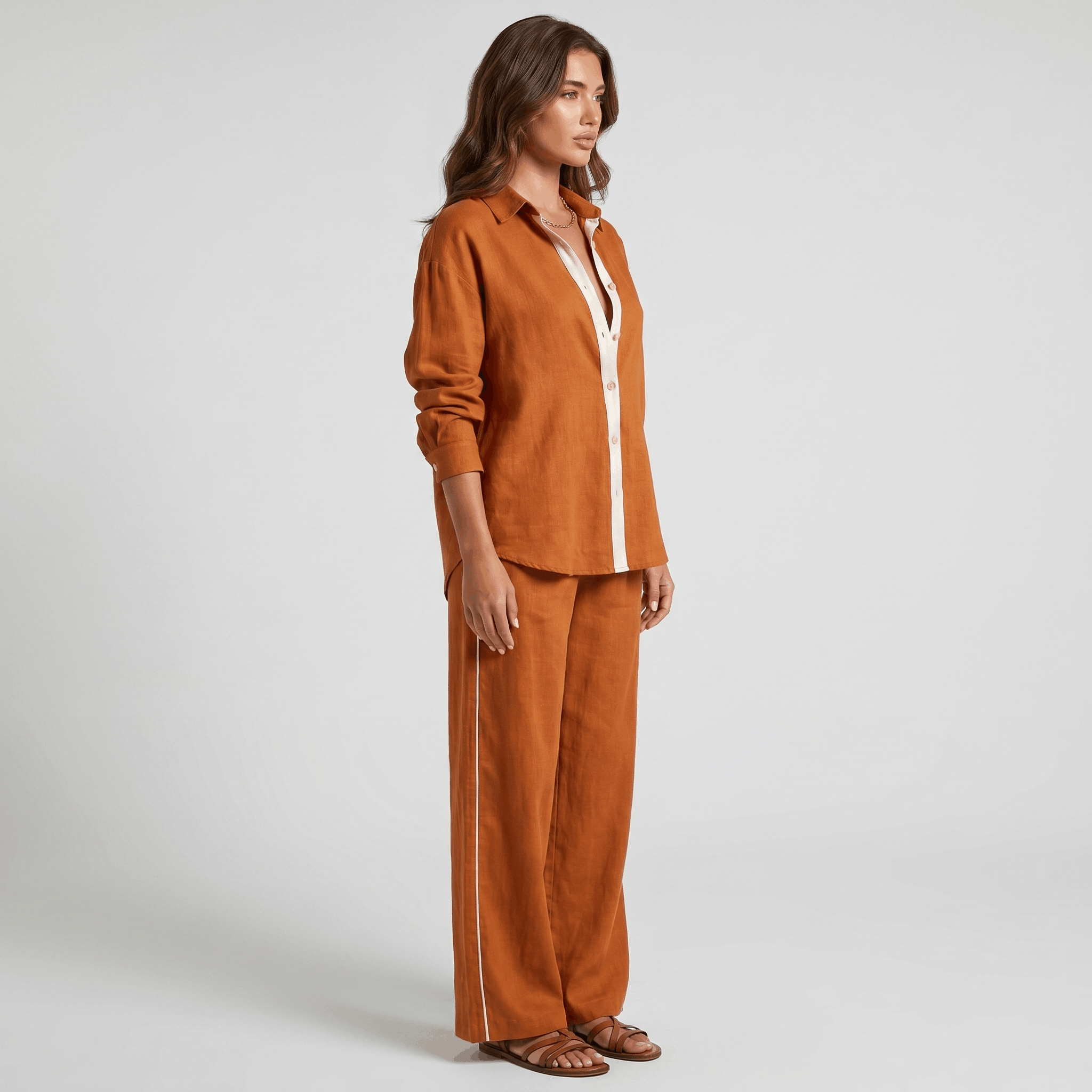 Selene Linen Two-Piece Wide-Leg Set – Single-Breasted Contrast-Trim Elastic-Waist Coordinate