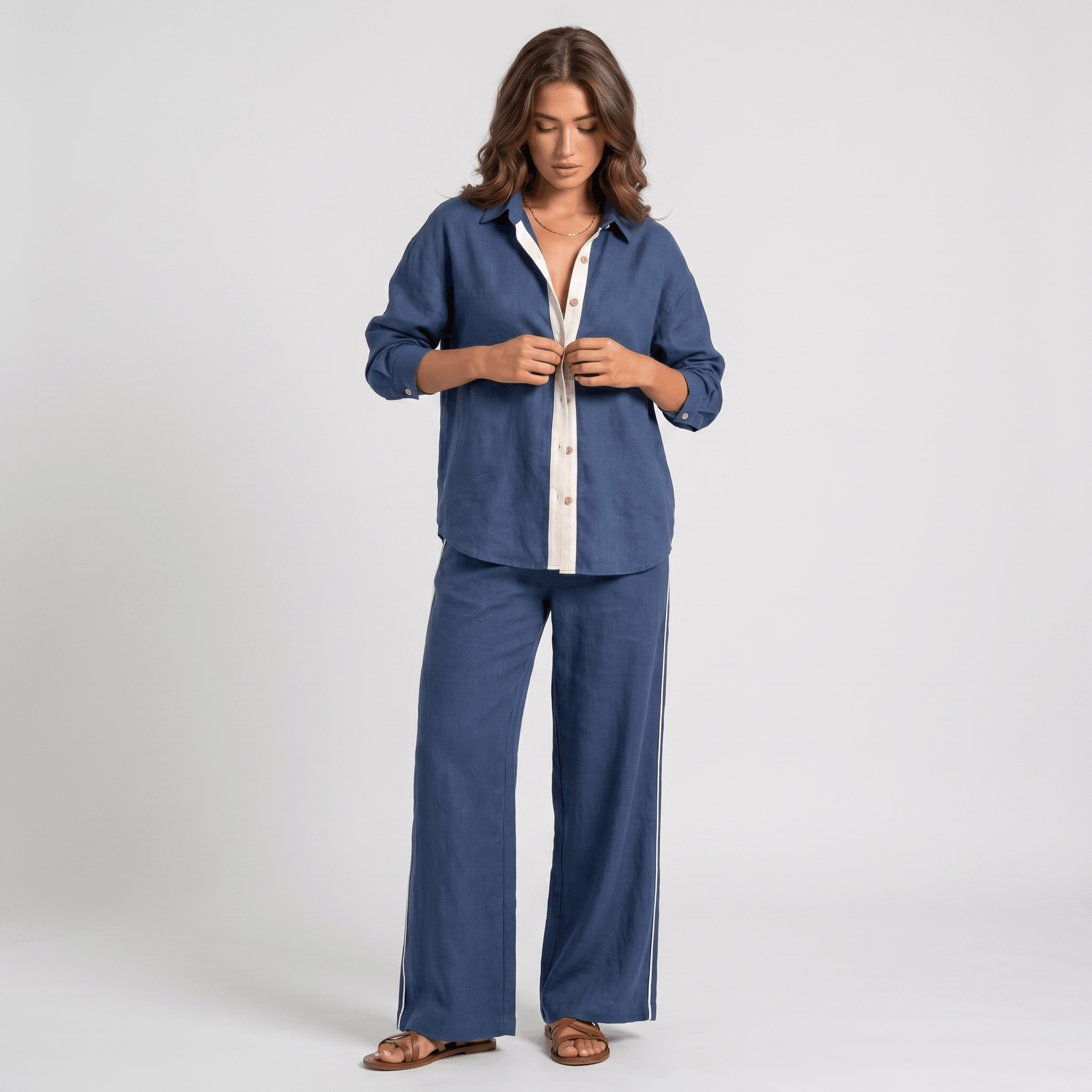Selene Linen Two-Piece Wide-Leg Set – Single-Breasted Contrast-Trim Elastic-Waist Coordinate