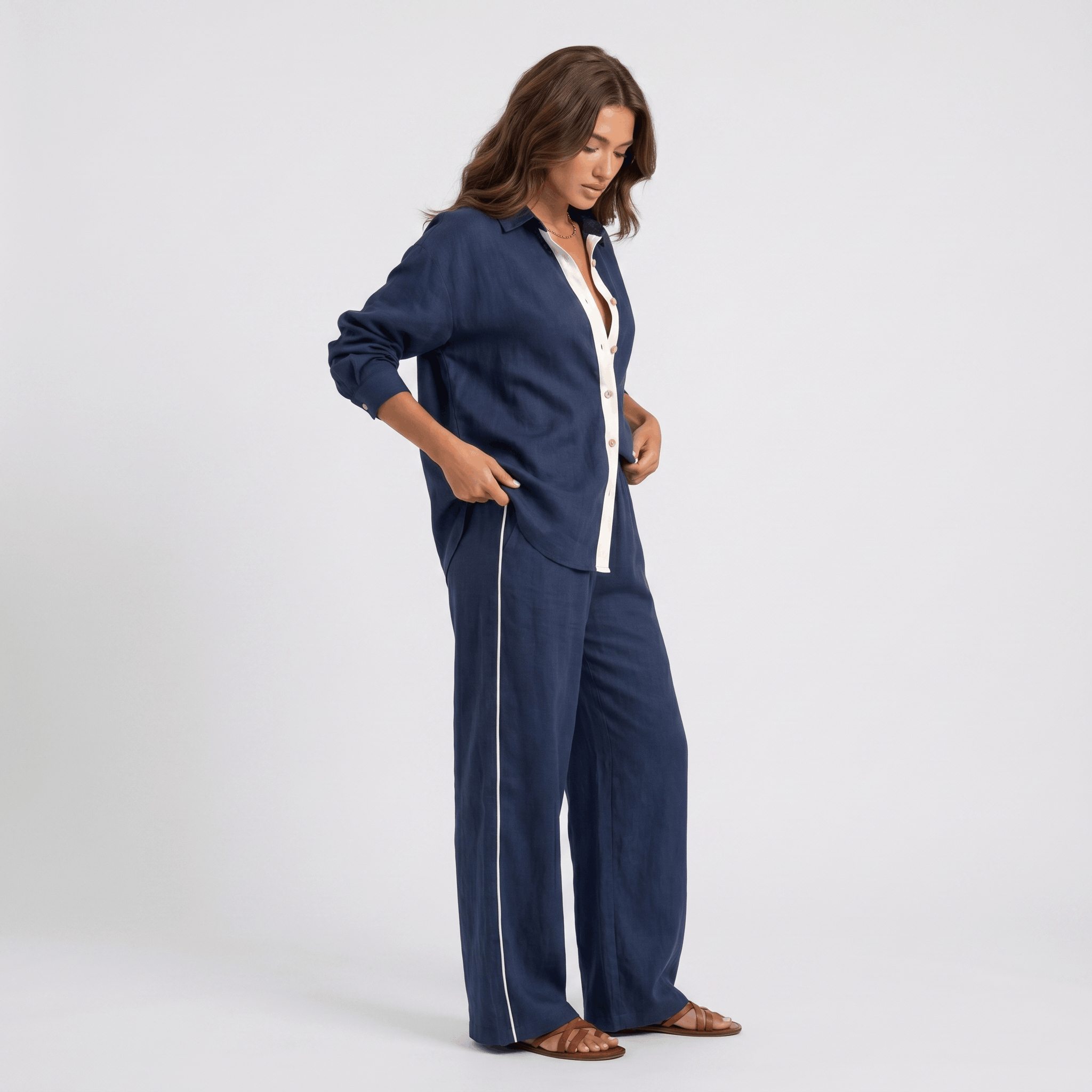 Selene Linen Two-Piece Wide-Leg Set – Single-Breasted Contrast-Trim Elastic-Waist Coordinate