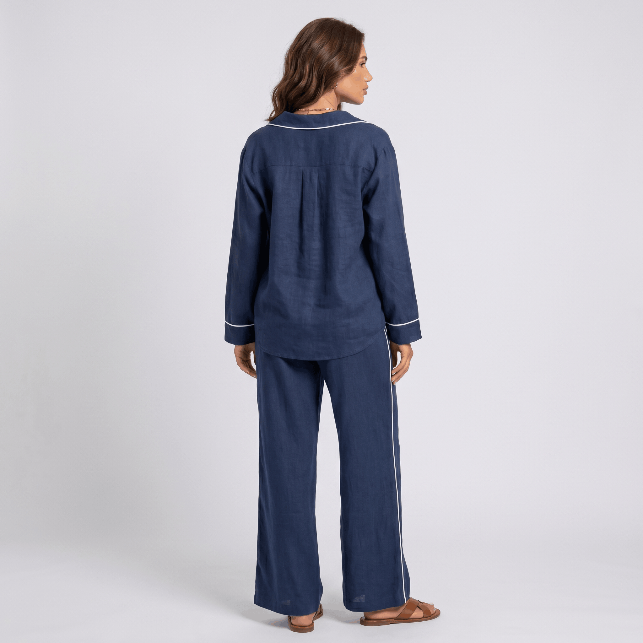 Selene Linen Two-Piece Wide-Leg Set – Single-Breasted Contrast-Trim Elastic-Waist Coordinate