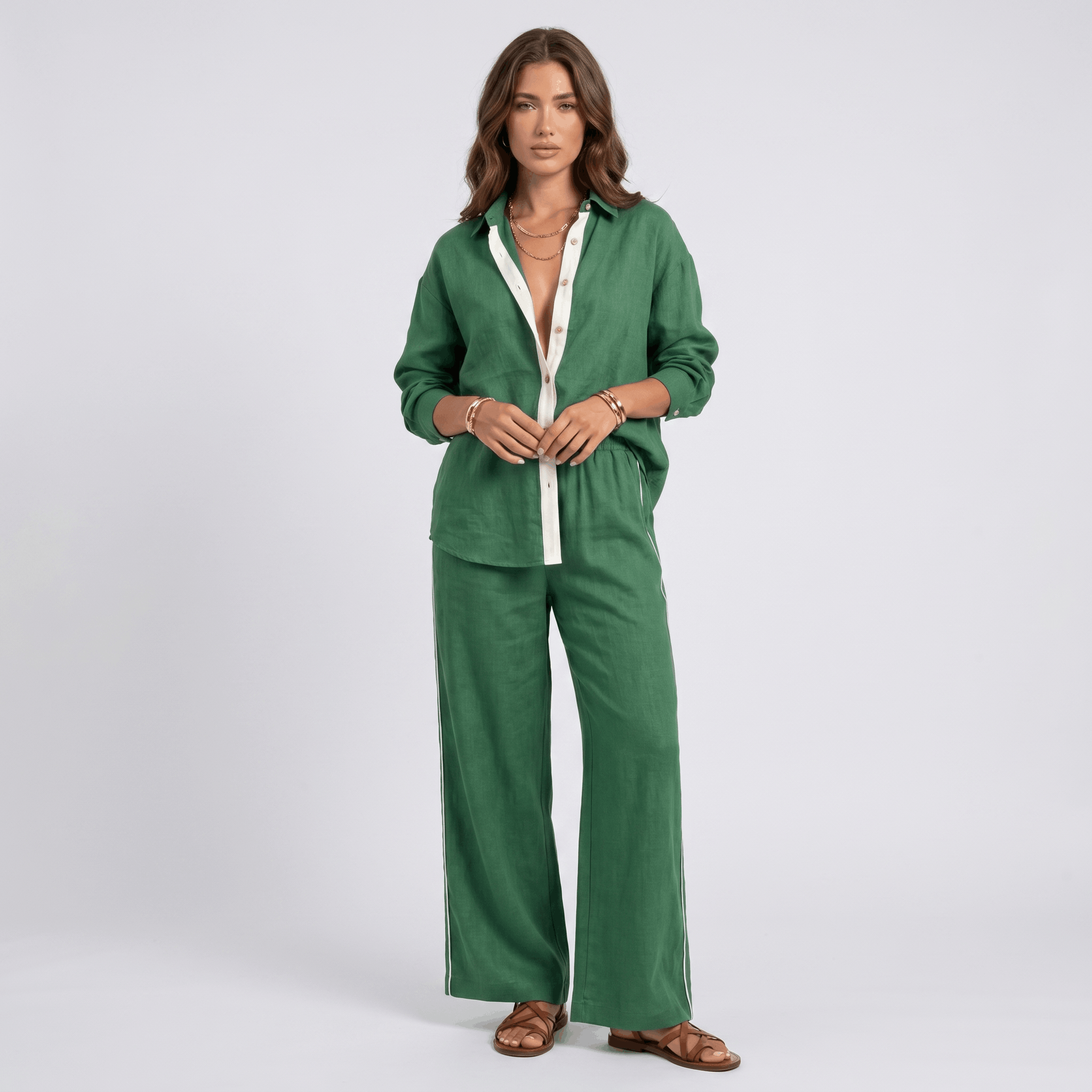 Selene Linen Two-Piece Wide-Leg Set – Single-Breasted Contrast-Trim Elastic-Waist Coordinate