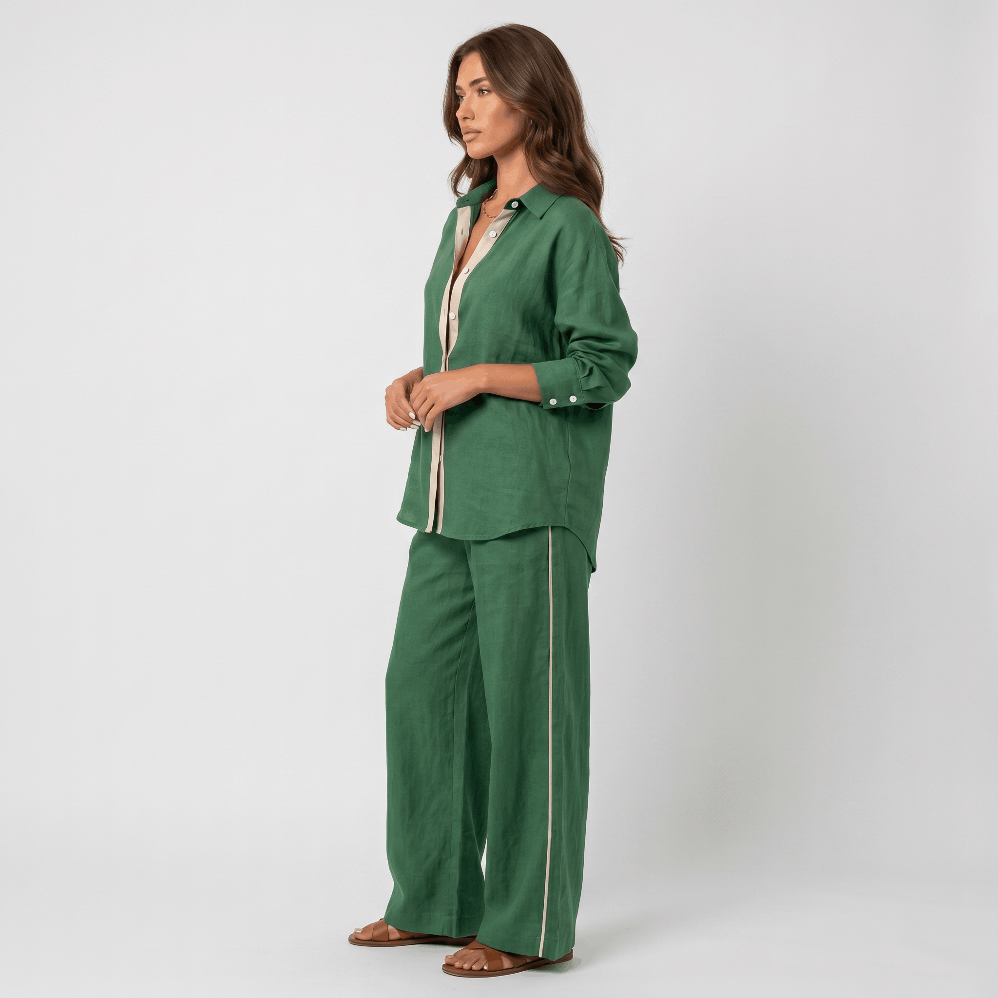 Selene Linen Two-Piece Wide-Leg Set – Single-Breasted Contrast-Trim Elastic-Waist Coordinate