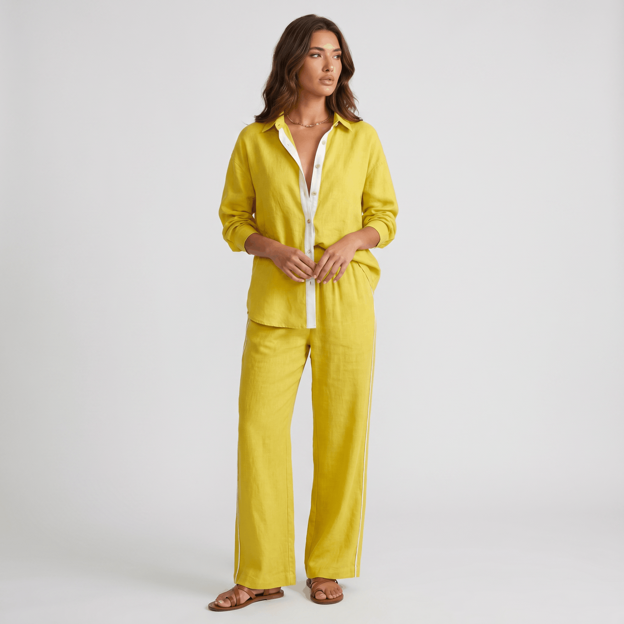 Selene Linen Two-Piece Wide-Leg Set – Single-Breasted Contrast-Trim Elastic-Waist Coordinate