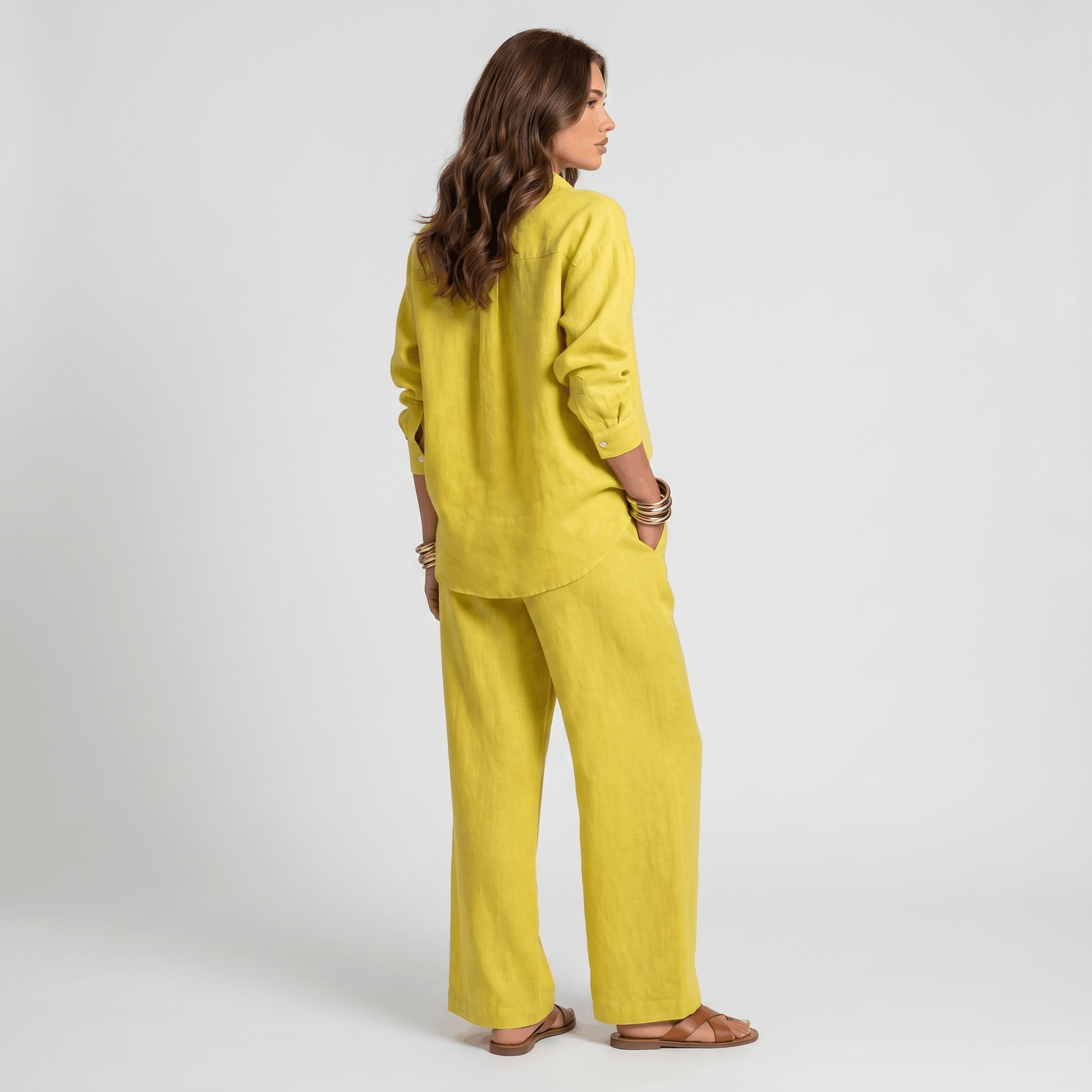 Selene Linen Two-Piece Wide-Leg Set – Single-Breasted Contrast-Trim Elastic-Waist Coordinate