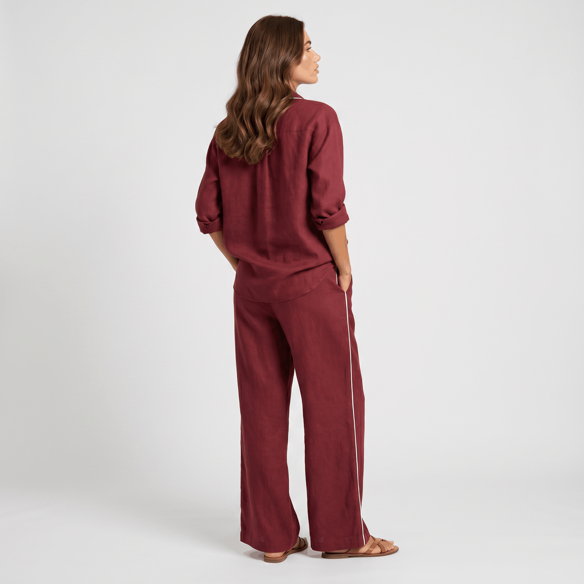 Selene Linen Two-Piece Wide-Leg Set – Single-Breasted Contrast-Trim Elastic-Waist Coordinate