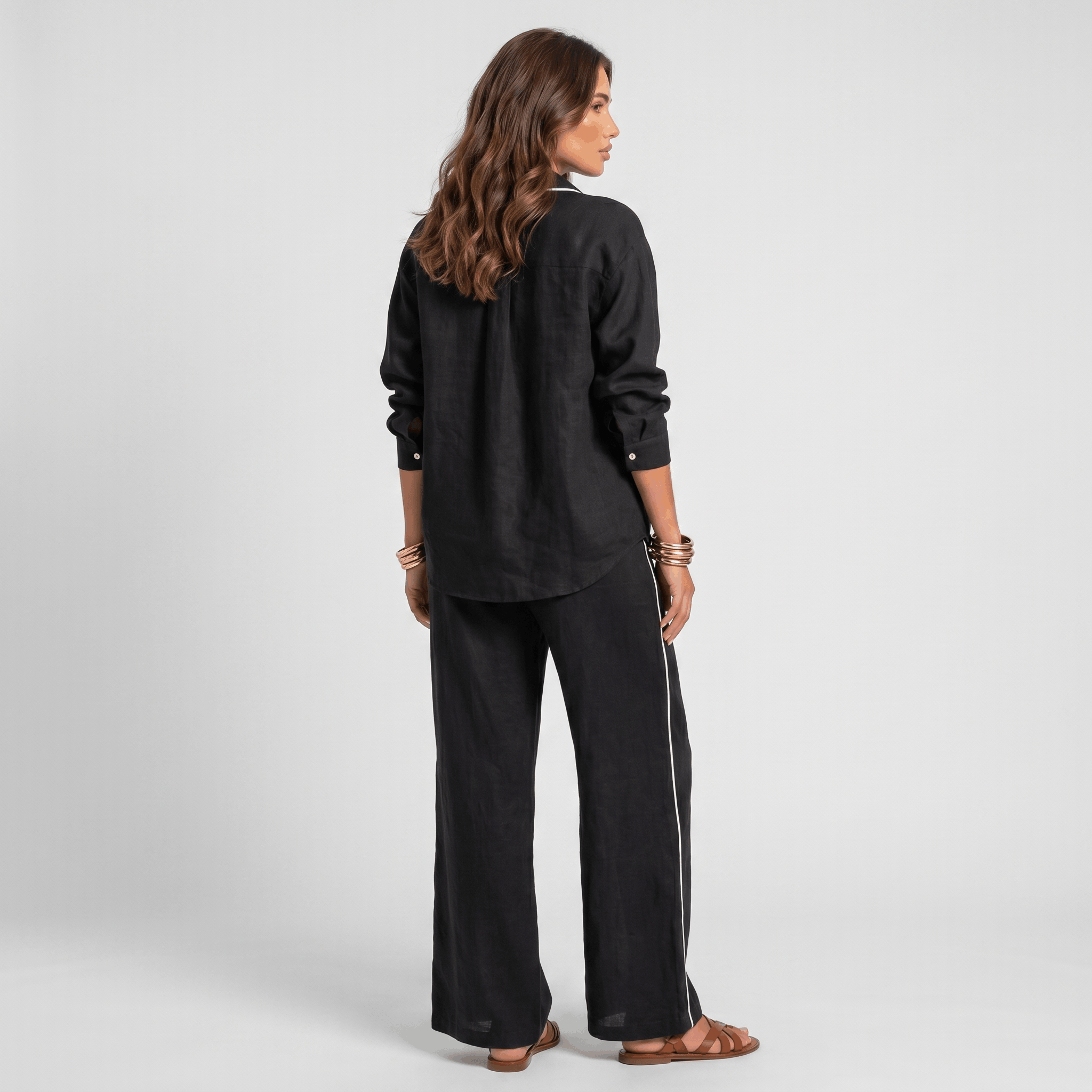 Selene Linen Two-Piece Wide-Leg Set – Single-Breasted Contrast-Trim Elastic-Waist Coordinate