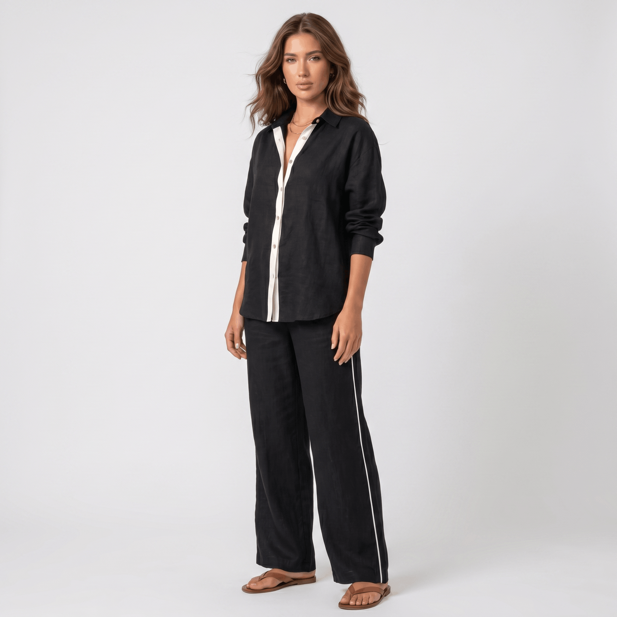 Selene Linen Two-Piece Wide-Leg Set – Single-Breasted Contrast-Trim Elastic-Waist Coordinate