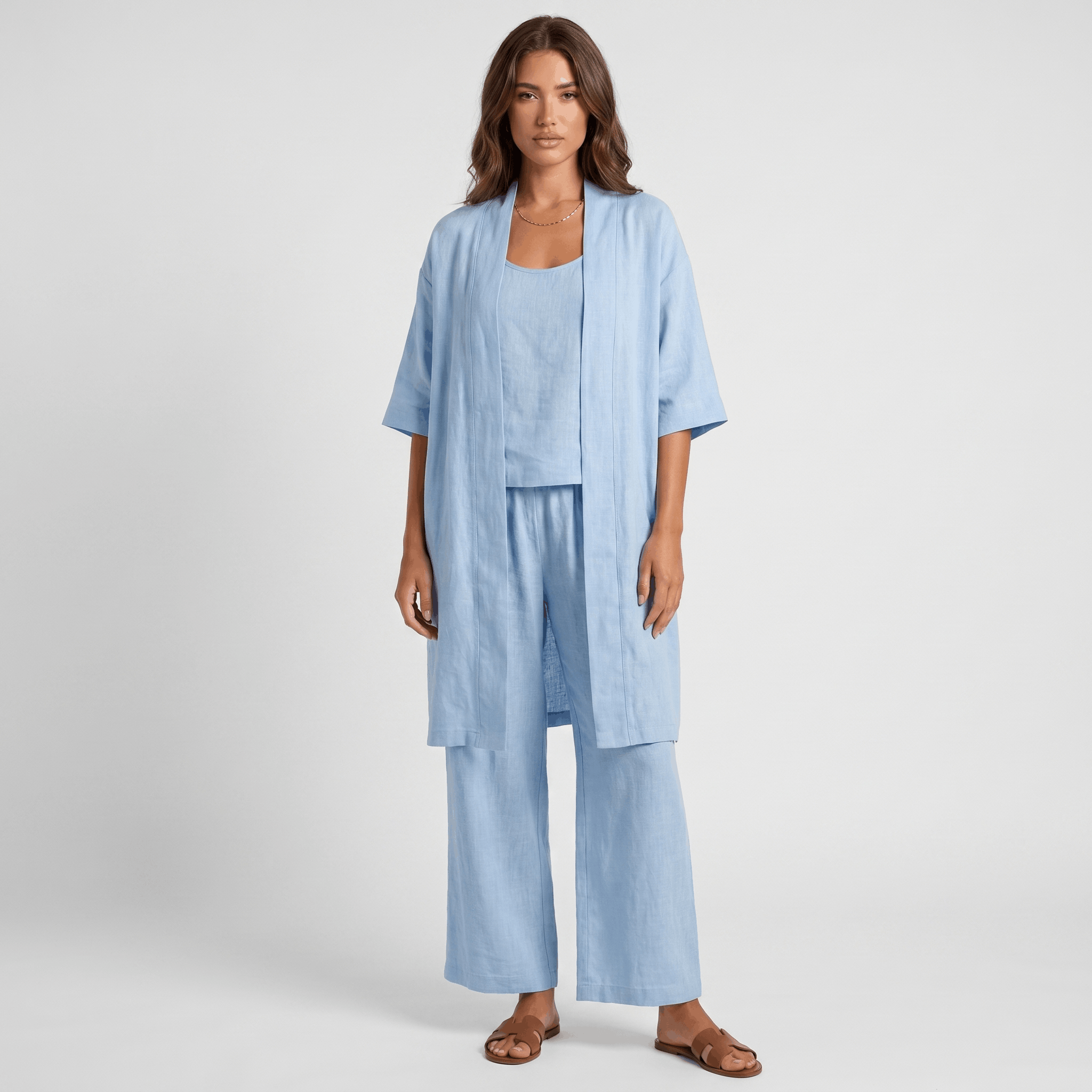Livia Linen Cotton Three-Piece Set – Open Cardigan Sleeveless Top Wide-Leg Coordinate