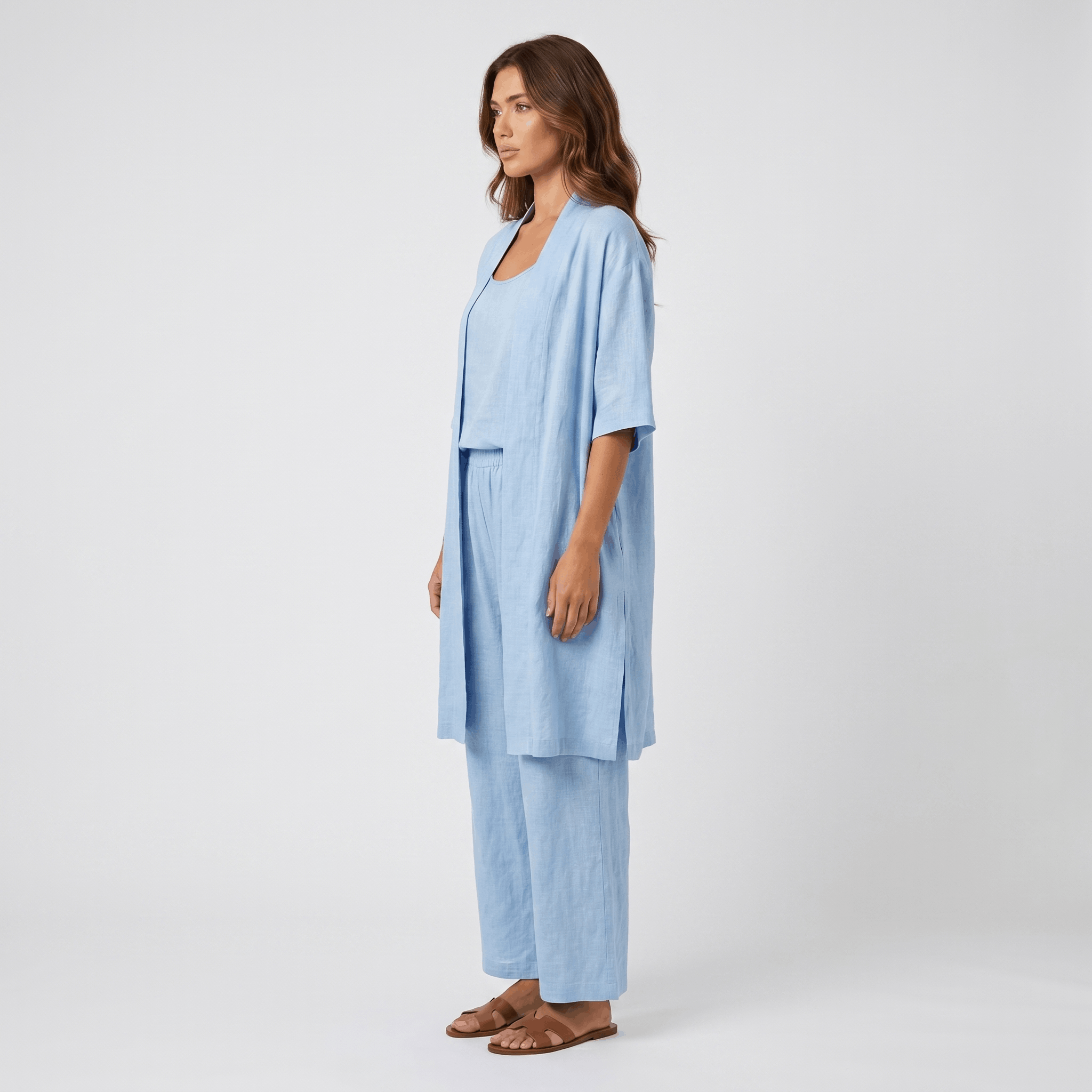 Livia Linen Cotton Three-Piece Set – Open Cardigan Sleeveless Top Wide-Leg Coordinate