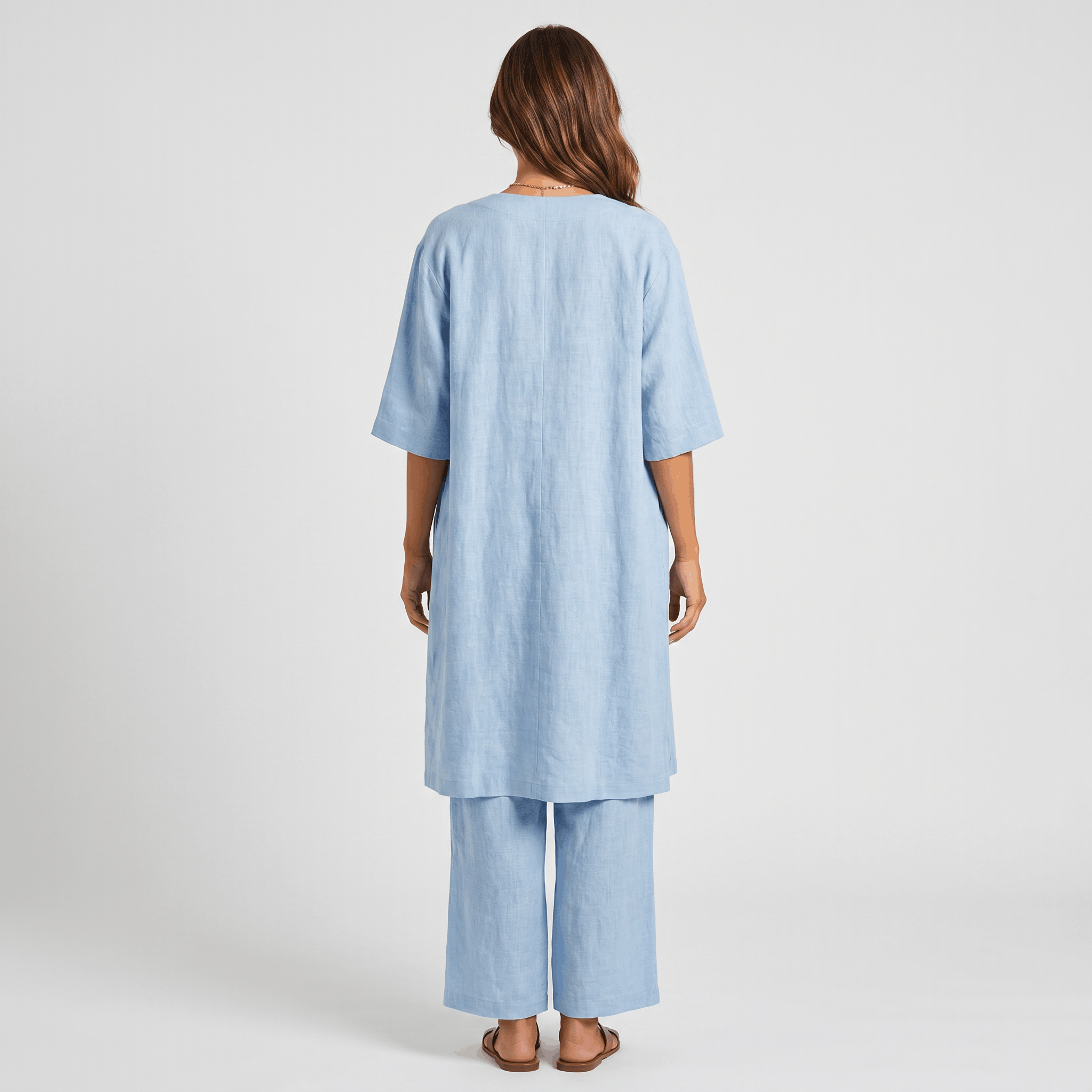 Livia Linen Cotton Three-Piece Set – Open Cardigan Sleeveless Top Wide-Leg Coordinate