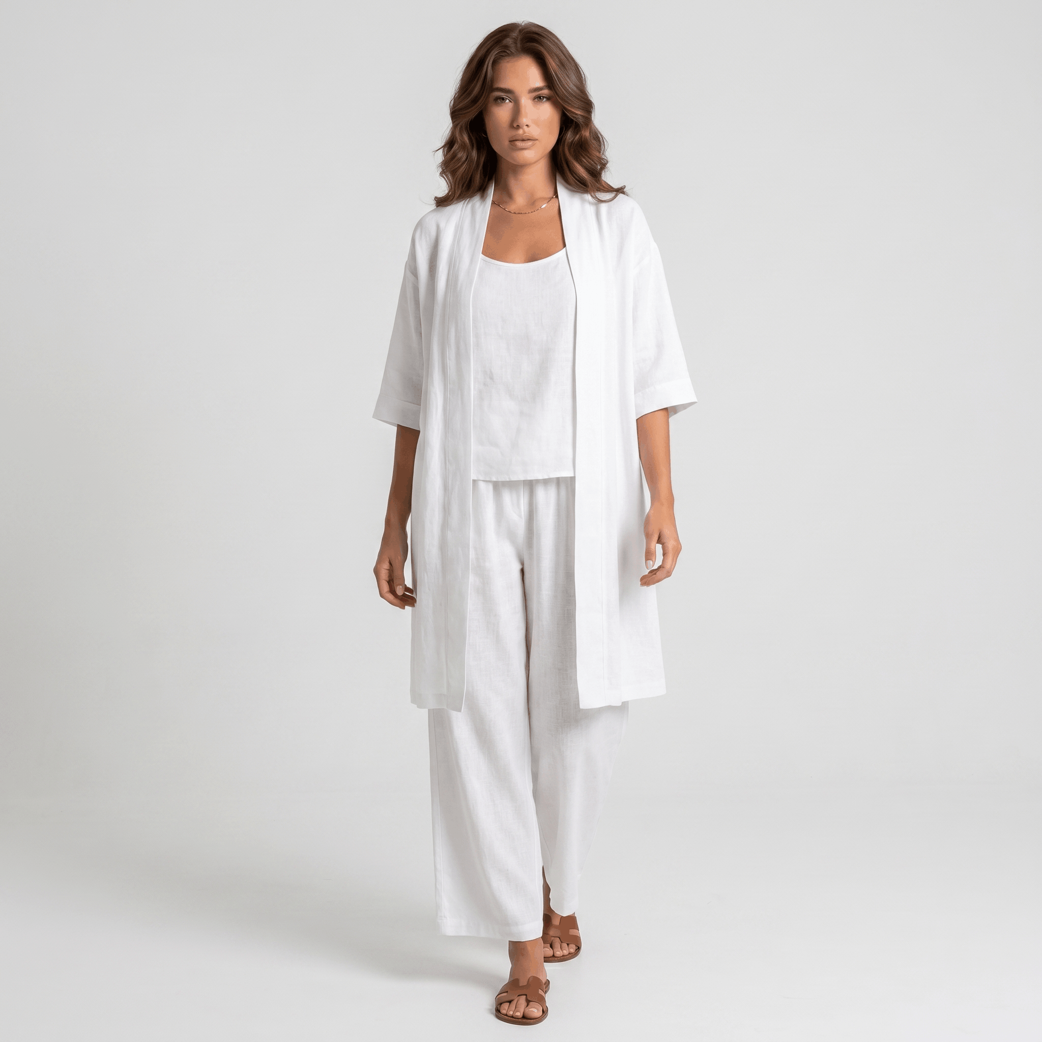 Livia Linen Cotton Three-Piece Set – Open Cardigan Sleeveless Top Wide-Leg Coordinate
